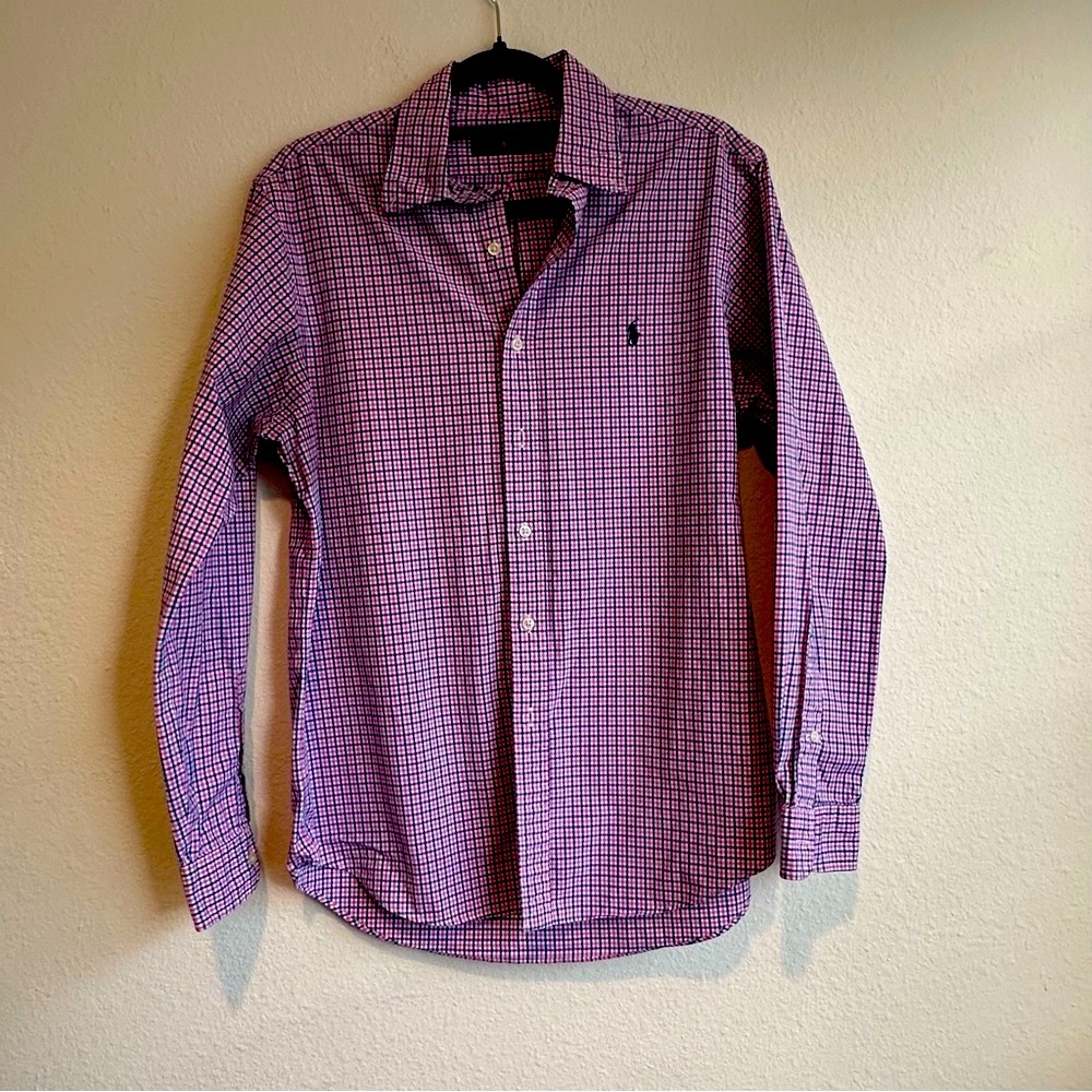 Ralph Lauren Pink-Blue Plaid Long Sleeve Button Up Dress Shirt Men Size M